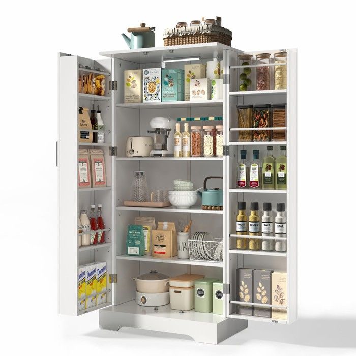 Armoire Buffet Cuisine-Blanche 60x35x128cm-Avec LED-Étagères Réglables-Double Porte-Meuble Multifonction-Pour Salon Armoire Buffet Cuisine-Blanche 60x35x128cm-Avec LED-Étagères Réglables-Double Porte-Meuble Multifonction-Pour Salon