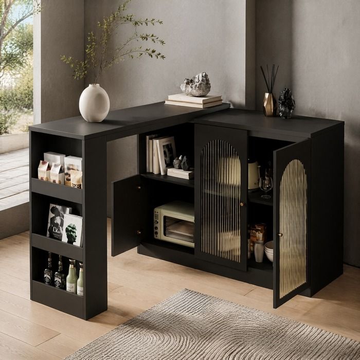 Meuble bar pivotant 360° avec portes vitrées niches et rangement - BEAUNIV - pour cuisine salon noir