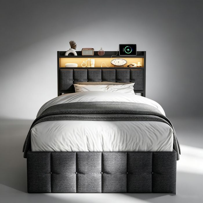 Lit coffre 90x200 avec sommier cadre de lit 90x200 avec LED et USB lit 1 place tissu en lin gris