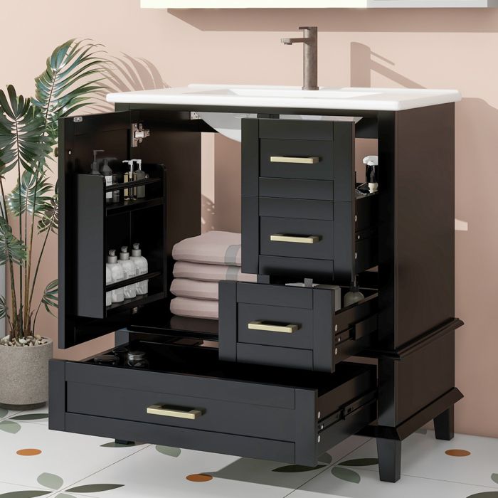 Petit Meuble sous vasque salle de bain tiroirs silencieux-Meuble lavabo main wc et bassin intégré noir-76x46x835cm