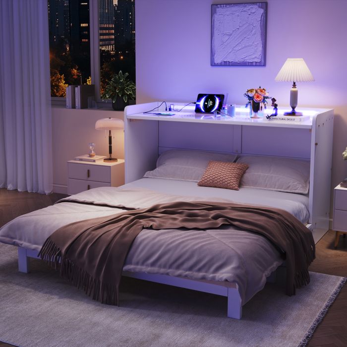 Lit escamotable - KOMHTOM - Lit escamotable moderne 140x200 cm - 2 grands tiroirs - Prise USB - LED intégrée