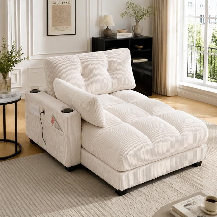 Fauteuil lounge moderne - Velours côtelé doux - Accoudoirs interchangeables - Porte-gobelets intégrés