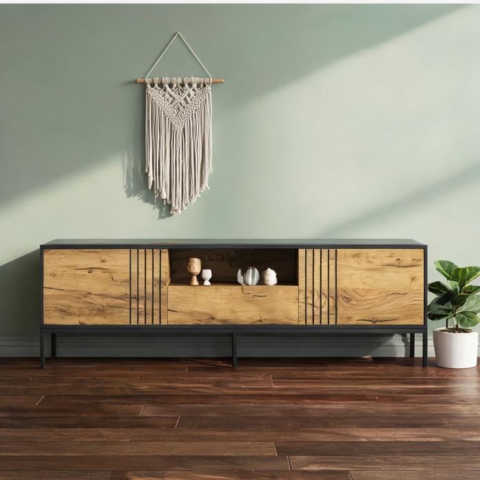 Meuble TV bas en panneaux de particules effet chêne 170 cm design sobre pour salon jusquà 70 pouces