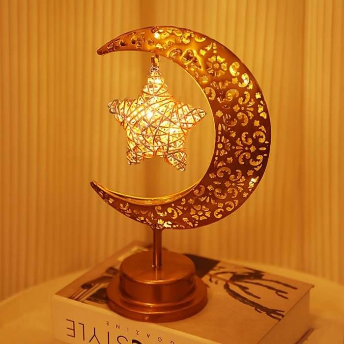 Lampe de décoration de fête LED Boule & Étoile - Design en fer forgé Lune ajourée - Objet de table lumière ambiance pour Noël et