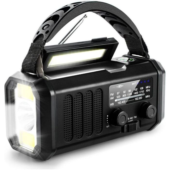 Radio manivelle durgence - 20000mAh Solaire et Dynamo - Camping et secours - Noir AM FM