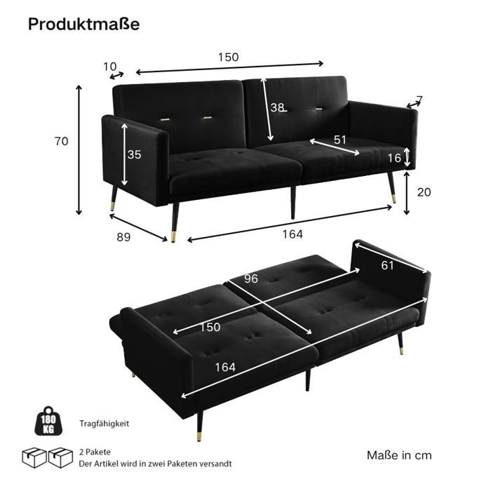 Canapé convertible 2 places en velours noir dossiers réglables indépendamment 5 positions lit d’appoint