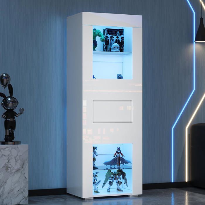 Vitrine Brillant en Acrylique avec LED-Armoire de Rangement-2 Étagères en Verre-Highboard-Salon Et de Canapé-60x40x170cm - Blanc