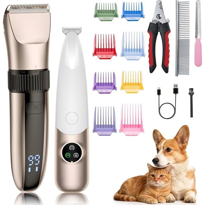 Tondeuse de toilettage sans fil pour chien Imperméable lames en céramique écran LED charge rapidetondeuse électrique à faible