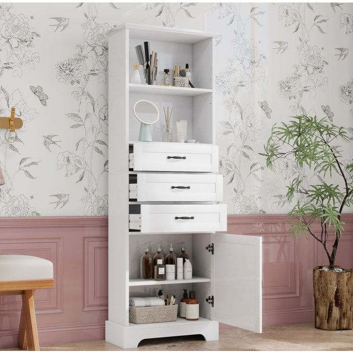 WUVRIE Colonne de salle de bain 56 x 25 6 x 167 cm MDF laqué blanc 3 tiroirs 1 porte étagère réglable