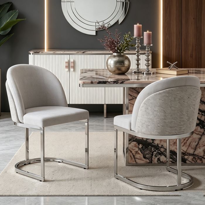 Lot de 2 Chaises de Salle à Manger Chaise de Cuisine Rembourrée en Tissu Chenille Pieds de Chaise Galvanisés en ArgentGris+Argent
