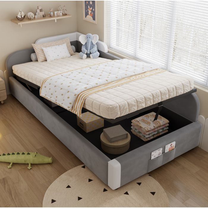 HOMVRA Lit enfant 90 x 200 cm avec coffre hydraulique sommier a lattes velours gris et barriere souple