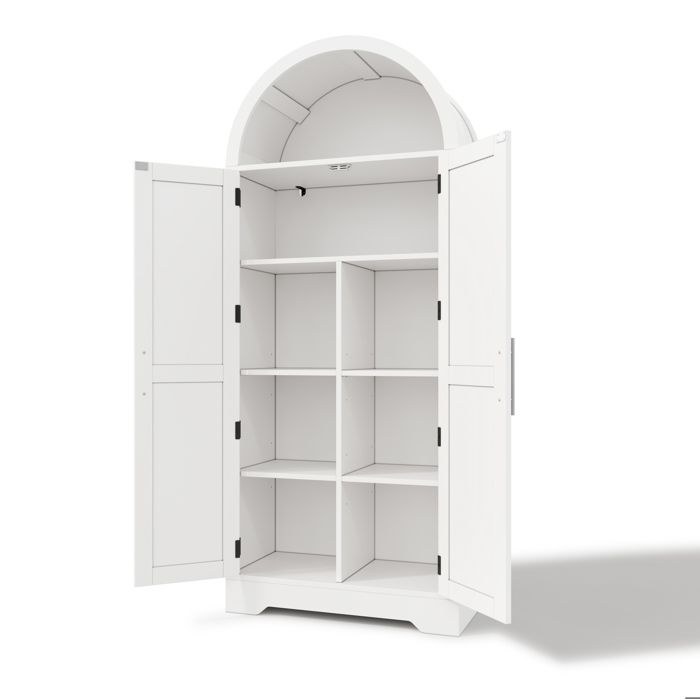 Vitrine haute 2 portes 70 x 35 x 170 cm en MDF blanc avec étagères réglables et espace ouvert voûté