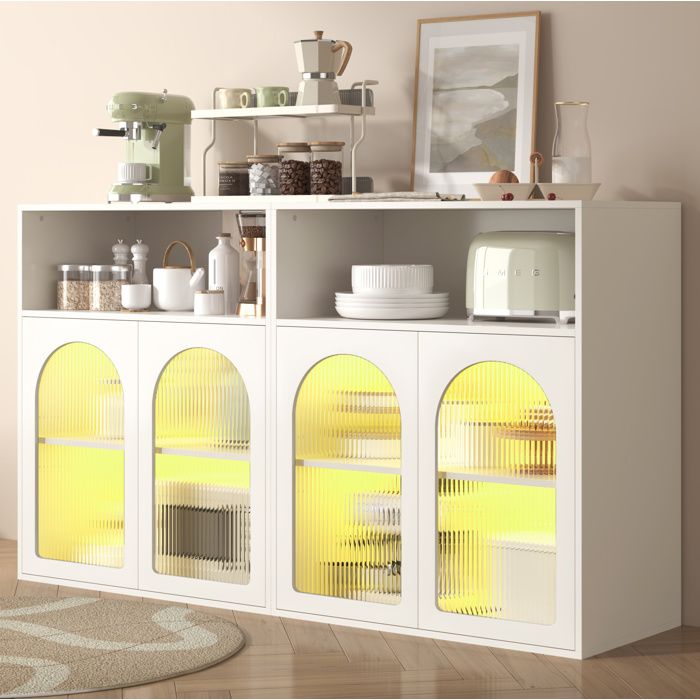 WOVREO Buffet bas 140 x 35 x 90 cm avec 4 portes vitrees LED integre MDF blanc