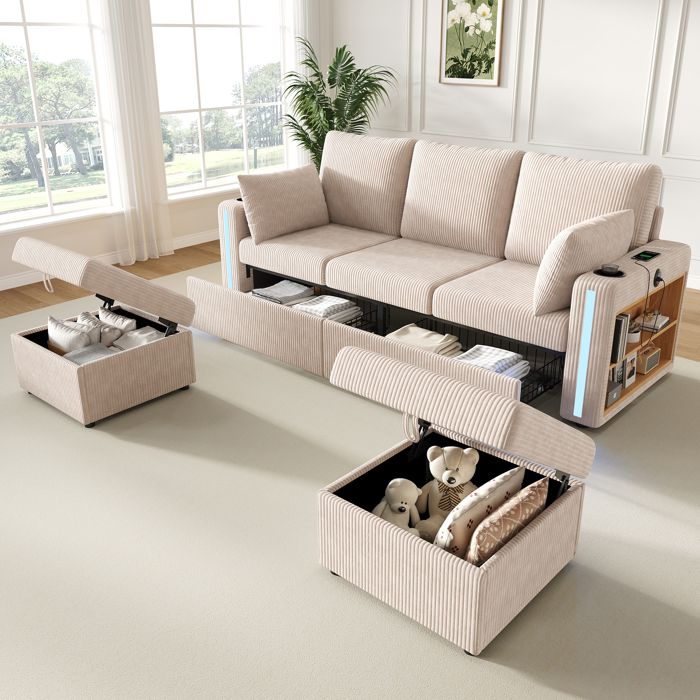 Canapé modulable U/L 3 places avec 2 poufs coffre LED USB Type-C porte-gobelet et rangement canapé en velours côtelé