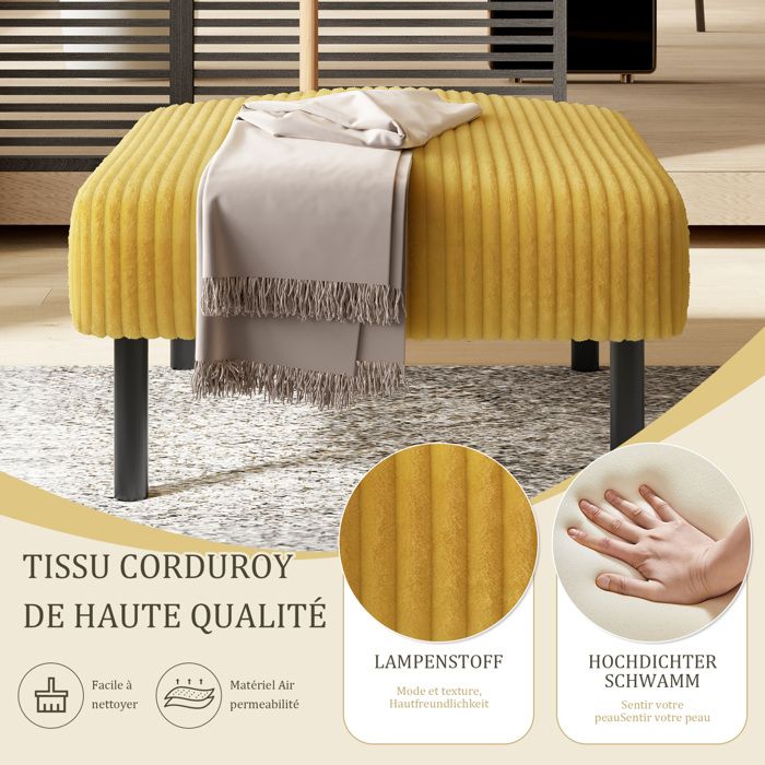 canapé fixe 2 places SENVIRO 120 x 75 x 79 cm velours côtelé jaune dossier ergonomique accoudoirs poche latérale pieds en métal