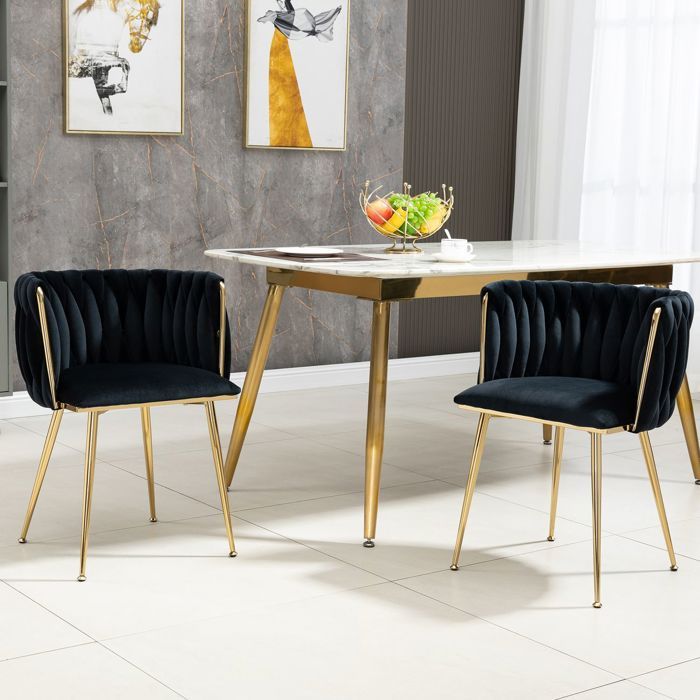 Lot de 2 chaises de salle à manger en velours dossier tressé assise rembourrée pieds en métal doré
