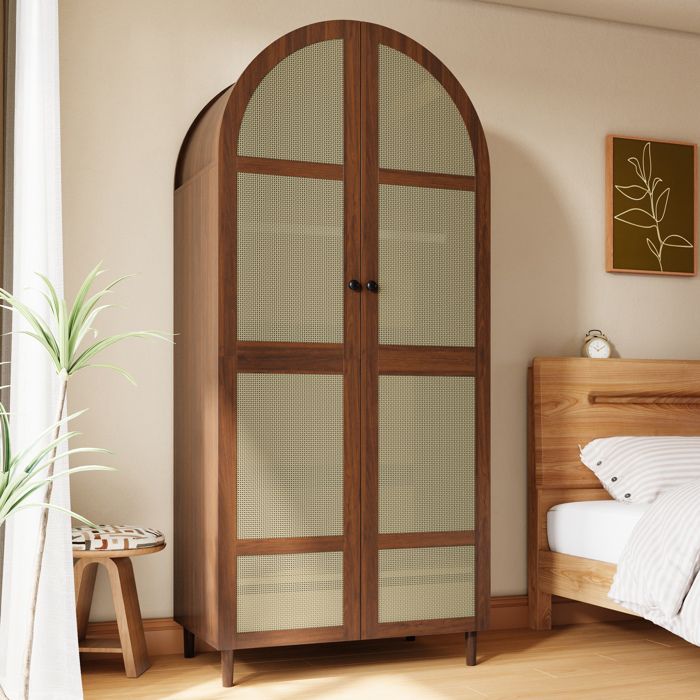 Armoire moderne à portes courbes avec tiroir et tringle Garde-robe espace de rangement Convient pour chambre Naturel