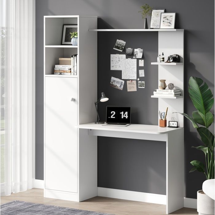 Bureau secrétaire blanc en MDF 1235 x 45 x 1685 cm avec armoire étagères ouvertes et rangement