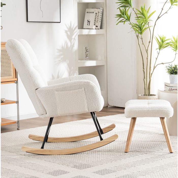 MEULVA Fauteuil à bascule blanc avec repose-pieds bouclette bois d’hévéa accoudoirs 92 cm