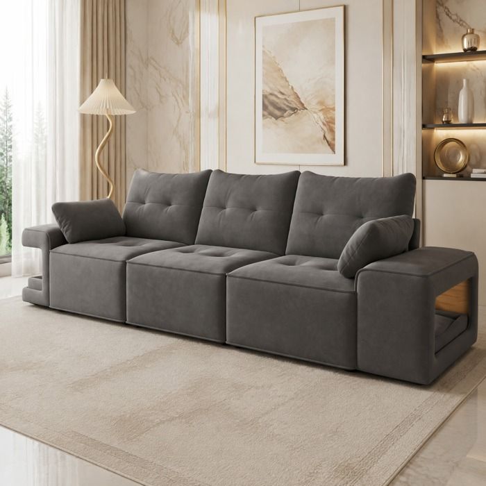 Canapé modulable - ZEVKOR - 3 places - Velours gris - Coffre de rangement - Accoudoirs larges