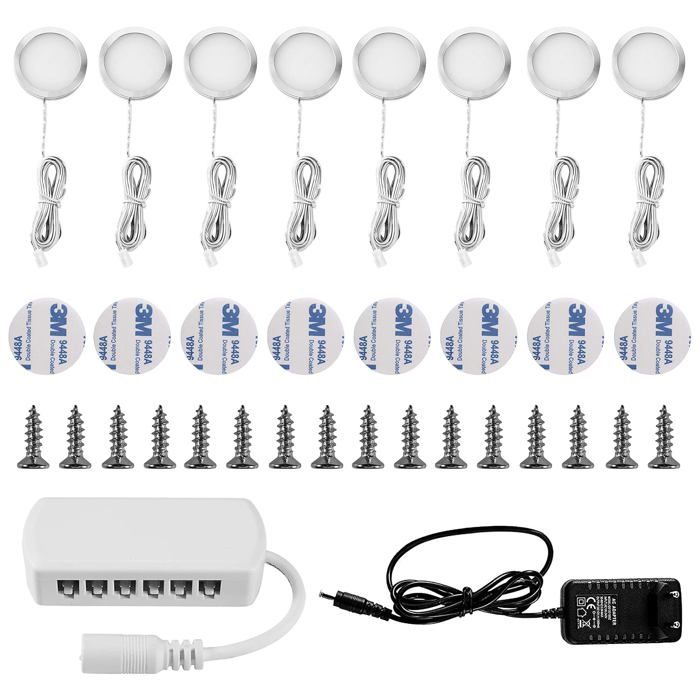 Lot de 8 lampes LED sous meuble - éclairage placard 3000K blanc chaud 20W 250 lumens applique murale pour armoire et penderie