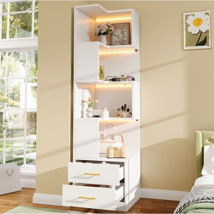 Etagere Dangle Blanche 4 Niveaux Meuble Design FloraGrace Pour Salon Chambre Bureau Avec 2 Tiroirs Et LED 45x45x165cm