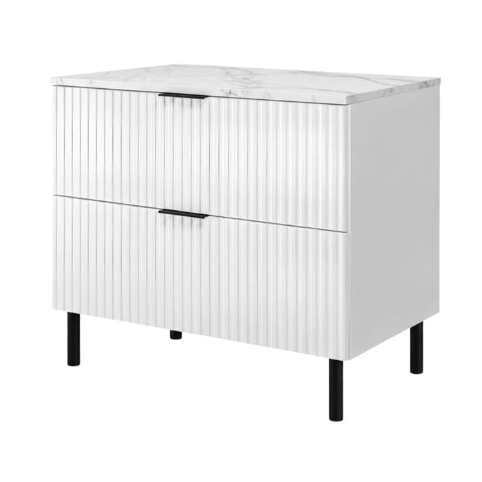 Meuble sous vasque - 3XE LIVING - 80 cm Blanc Marbre Bianco - 2 tiroirs fermeture douce - Poignées et pieds noirs - Plan pour vasque