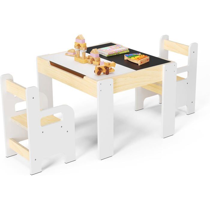 Ensemble table et 2 chaises Montessori pour enfants bois naturel avec rangement et dossier réglable