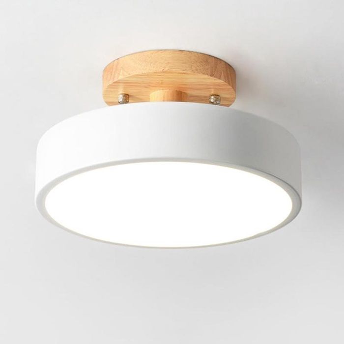 Plafonnier LED rond nordique bois blanc 18 cm pour chambre enfant salon cuisine