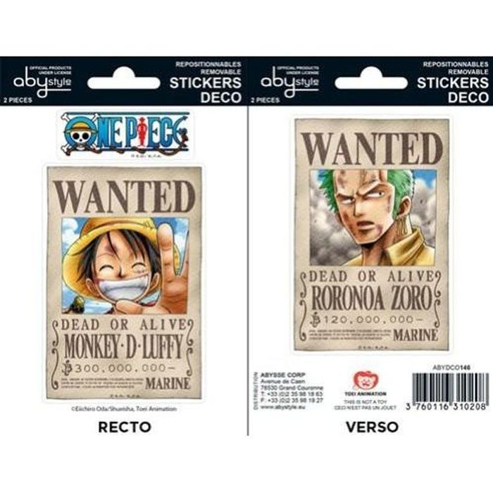 Stickers One Piece - 16x11cm / 2 planches - Wanted Luffy / Zoro - ABYstyle