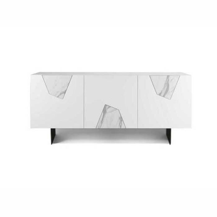 Buffet - Madia - 3 portes inserts en verre effet marbre - L180 - Blanc