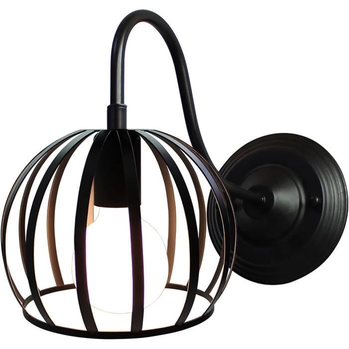 Applique Murale Industrielle Vintage - Cage Métal Et Bois, Base E27 (max 40W), Style Rétro Pour Chambre, Salon, Cuisine - Sans Ampoule, Noir
