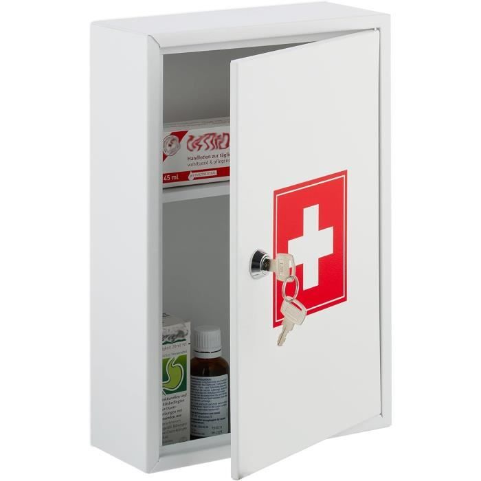 armoire à pharmacie, verrouillable, 2 niveaux, acier, hxlxp: 32x21,5x8 cm, accrocher, blanc rouge.[q3560]
