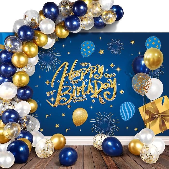 Toile de fond Ballon Anniversaire Personnalisé Bleus Dorés BRR12-62