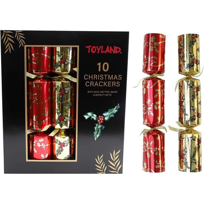 CDLot de 10 crackers de Noël de luxe avec motif houx, rouge, doré