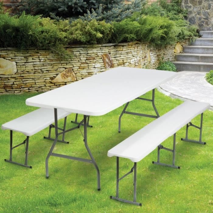 Table de camping pliante Mixte - 2 bancs pliables