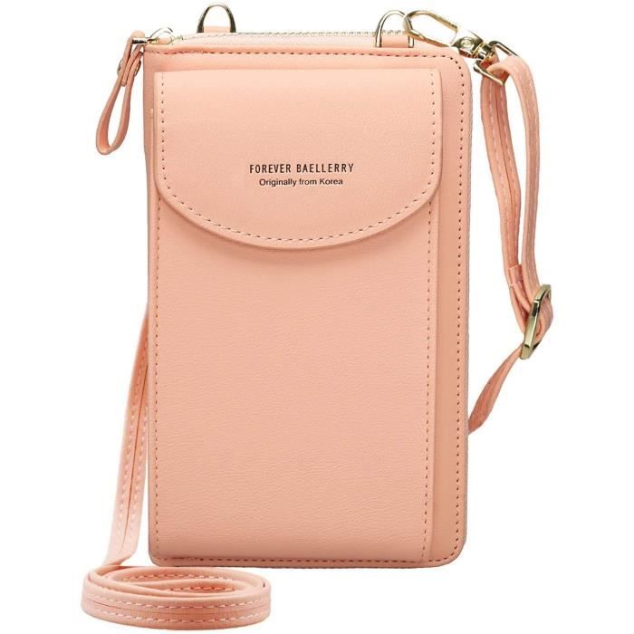 sac à bandoulière pour téléphone portable femmes cuir pu porte monnaie téléphone portable pochette porte carte--rose clair