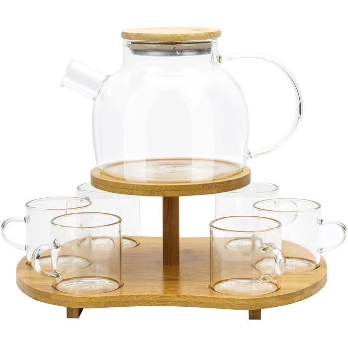 THÉIÈRE EN VERRE avec infuseur avec couvercle et poignée en bois