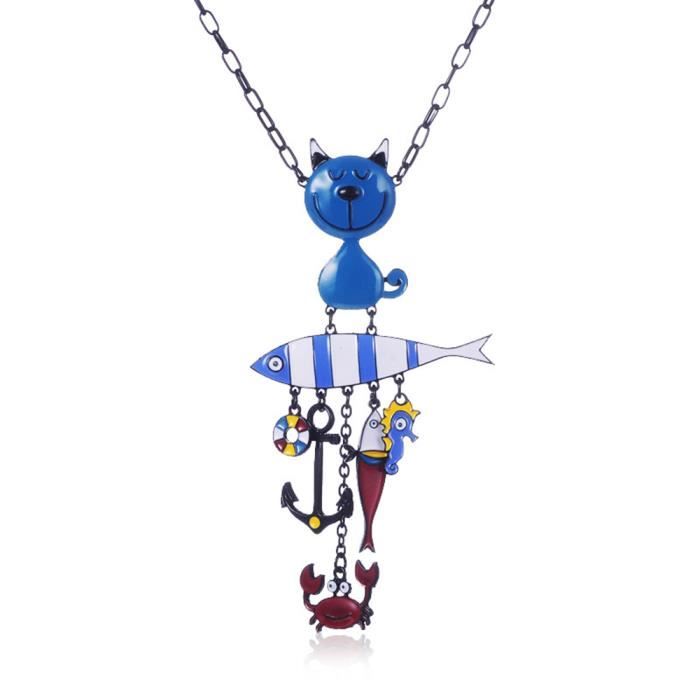 Femme Fille Collier Court Motif Chat Et Poisson En Email Cadeau Ideal Pour Les Fetes Achat Vente Sautoir Et Collier Femme Fille Collier Court Argent Argente