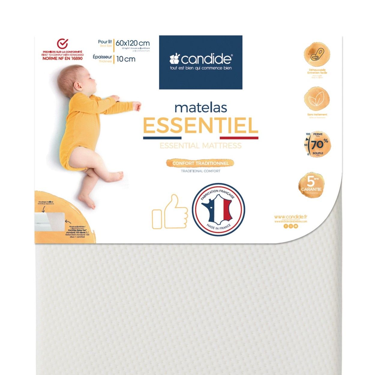 Matelas Bébé Essentiel - CANDIDE - 60x120x10cm - Déhoussable - Confort Traditionnel - Fabriqué En France Matelas Bébé Essentiel - CANDIDE - 60x120x10cm - Déhoussable - Confort Traditionnel - Fabriqué En France