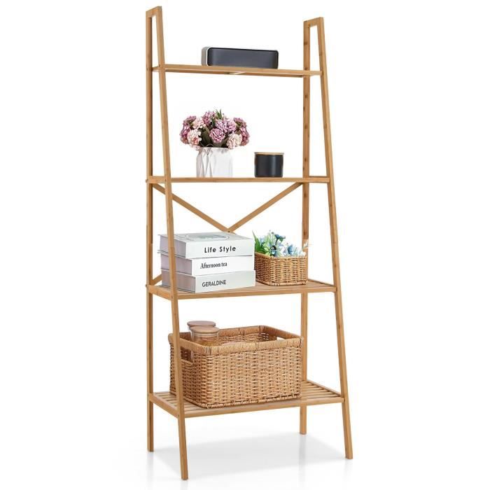 Étagère Échelle 5 Niveaux En Bambou - 183 Cm De Haut, Charge 10 Kg Par Plateau - Avec Système Anti-Basculement