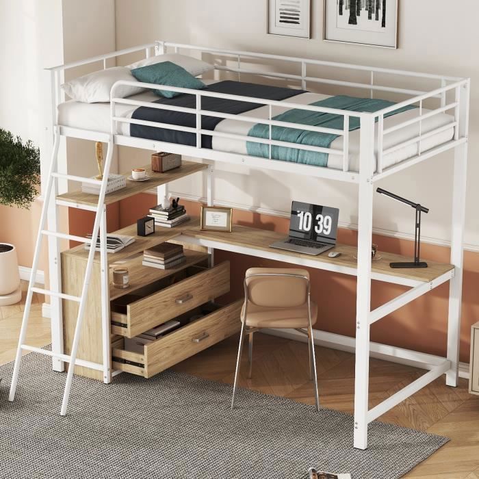 Lit Mezzanine Enfant 90x200 Cm Avec Bureau, Tiroirs Et éclairage LED - Noir, Sans Matelas - Capacité 240 Kg