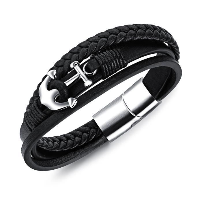 Bracelet croix horizontale homme acier inoxydable cordon cuir