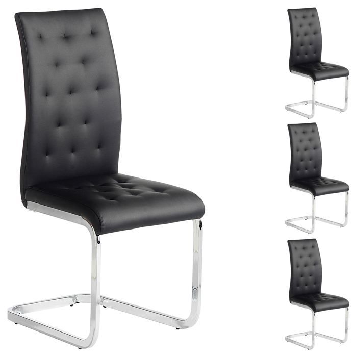 Lot de 4 chaises de salle à manger CHLOE avec assise capitonnée et piétement chromé revêtement en synthétique noir Lot de 4 chaises de salle à manger CHLOE avec assise capitonnée et piétement chromé revêtement en synthétique noir