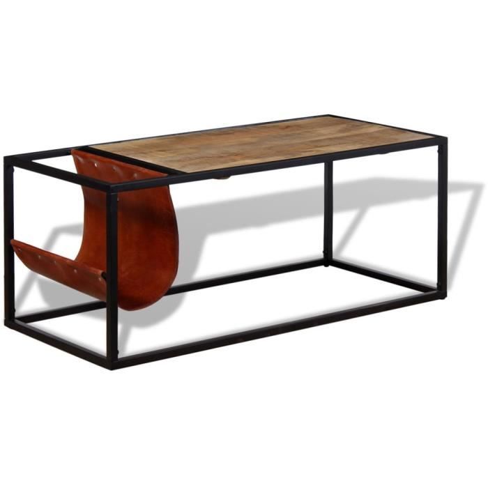 KIMISS Table basse avec porte-revues Cuir véritable 110 x 50 x 45 cm-LEF