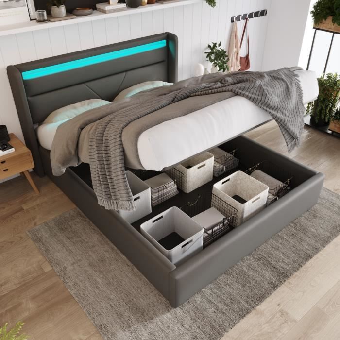 Lit capitonné 90 x 200cm, Lit Velours avec espace de rangement hydraulique, éclairage LED, tête Lit capitonné 90 x 200cm, Lit Velours avec espace de rangement hydraulique, éclairage LED, tête