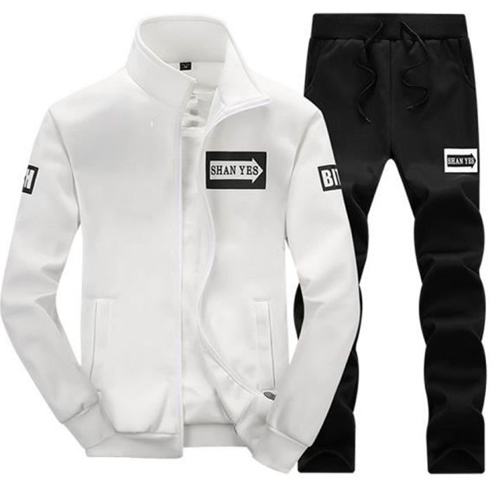 Survêtement Homme 2 Pièces Ensemble à Manches Longues Zippé Garçon Jogging  Sport Décontracté Veste+Pantalon Blanc et Noir Imprimé