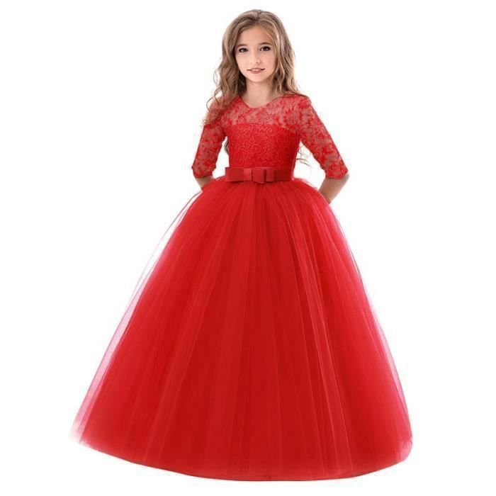 Robe de Princesse Cérémonie Longue Fille en Dentelle Robe Tulle Manches 3-4  Pour Soirée Bal Mariage Rouge
