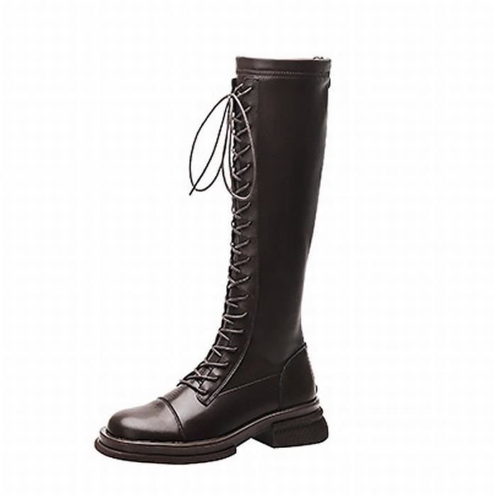 Bottes hautes femmes VITATA Cuir de vachette Talon fin de 3cm  Plateforme Lacets Noir/Marron