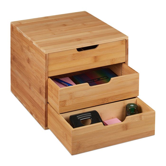 Relaxdays organiseur de bureau 3 tiroirs pour les ustensiles de bureau bambou compartiments HLP 26x30x31 cm nature